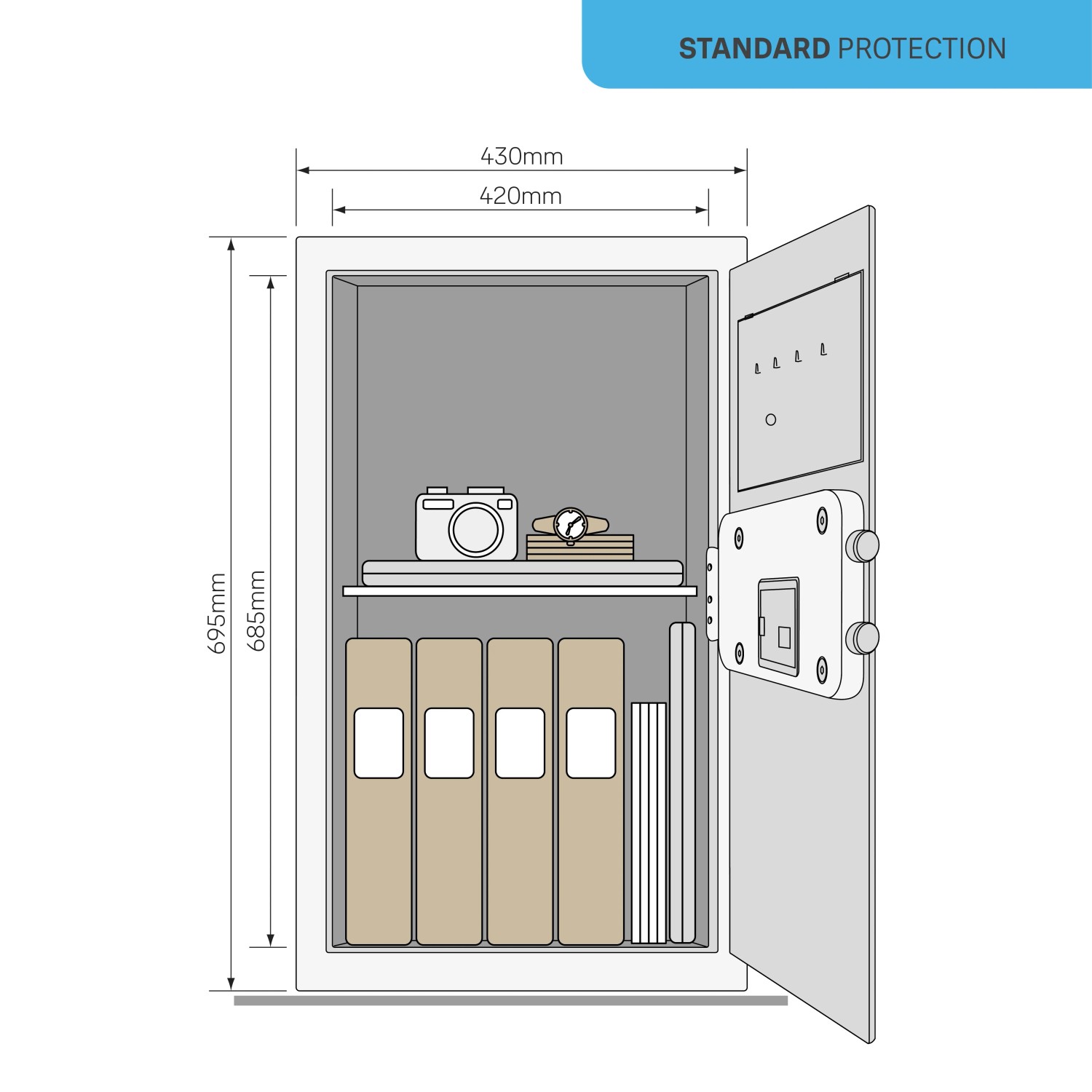 Offener Yale Tresor Value Safe XL (89 l) in Schwarz mit Füllung und Maßangaben.