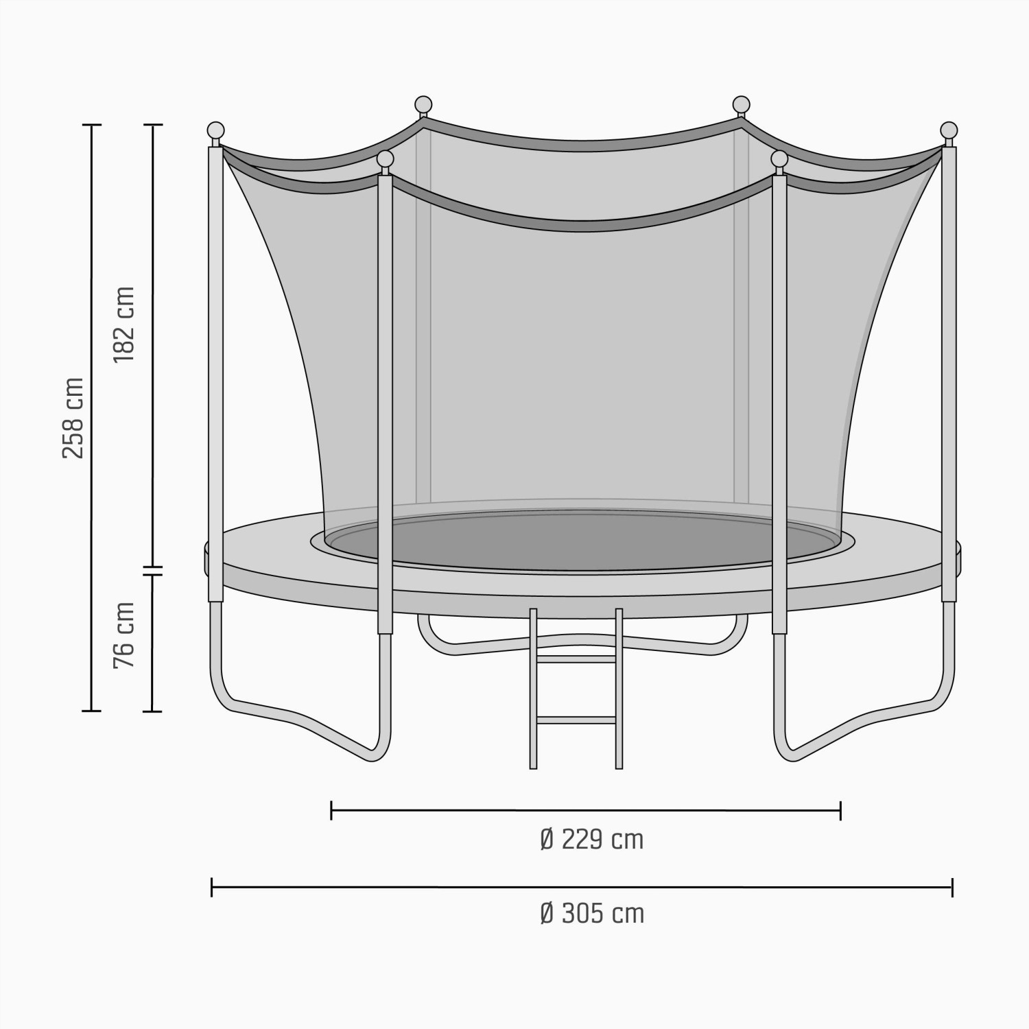 Schwarzes Salta Trampolin First Class, ø 305 cm, mit Sicherheitsnetz und Leiter.