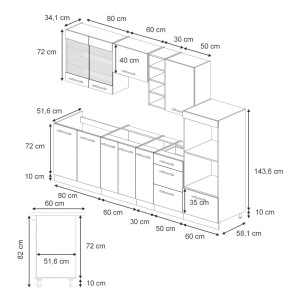 Skizze der 280 cm Vicco Fame-Line Küchenzeile in Dunkelblau Hochglanz/Goldkraft Eiche ohne Arbeitsplatte.