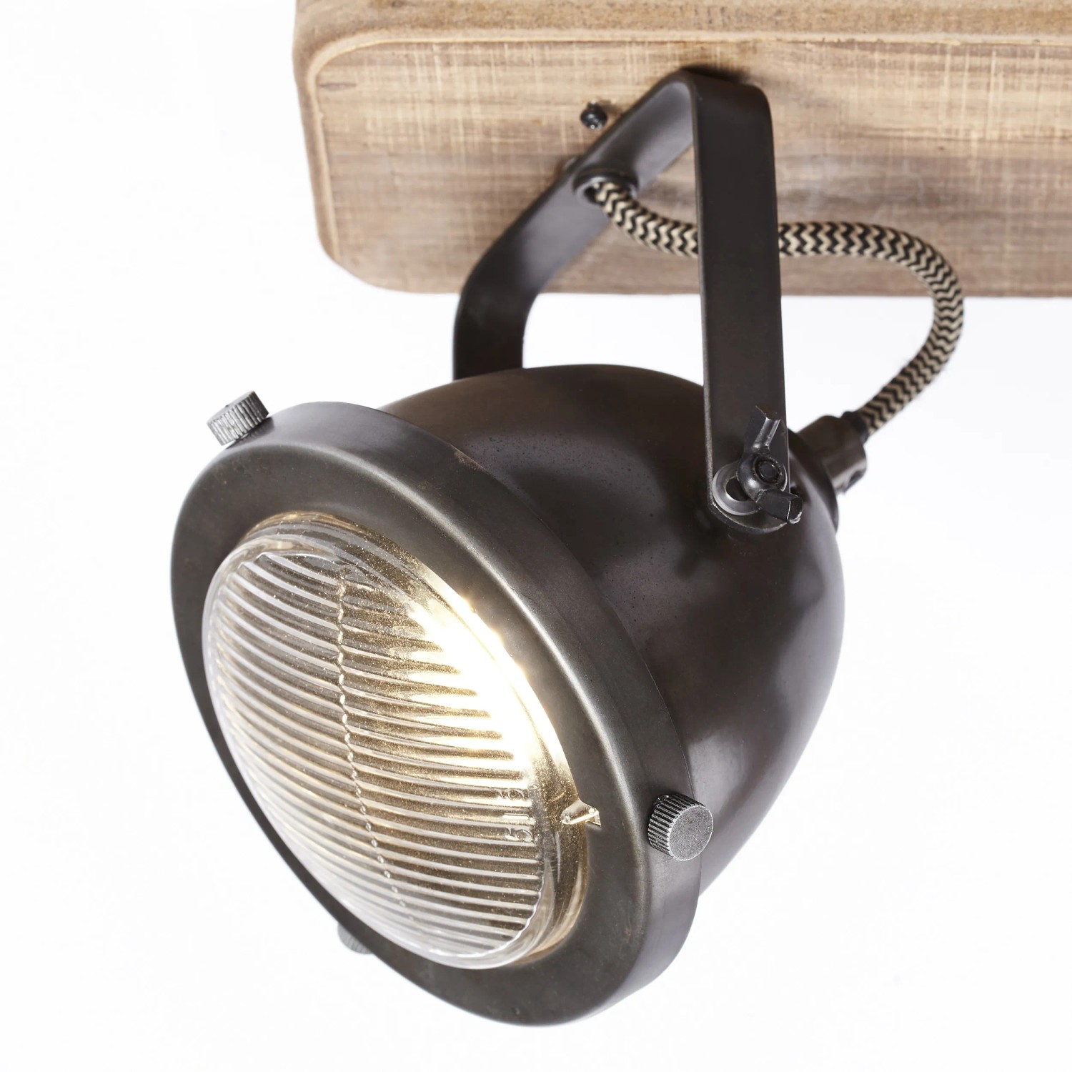 Brilliant Spot Carmen: 2-flammiger Deckenstrahler aus Holz und Stahl in Burned Steel Optik.