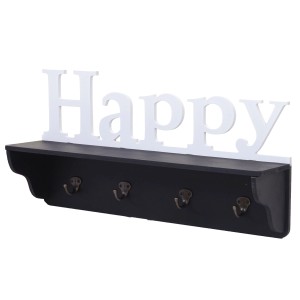 Schwarze MCW Wandgarderobe "Happy" mit 4 Haken und weißer Aufschrift, Kiefernholz.
