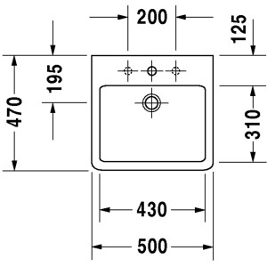 Technische Zeichnung Duravit Vero Waschbecken, 50 cm, weiß, mit Maßen.