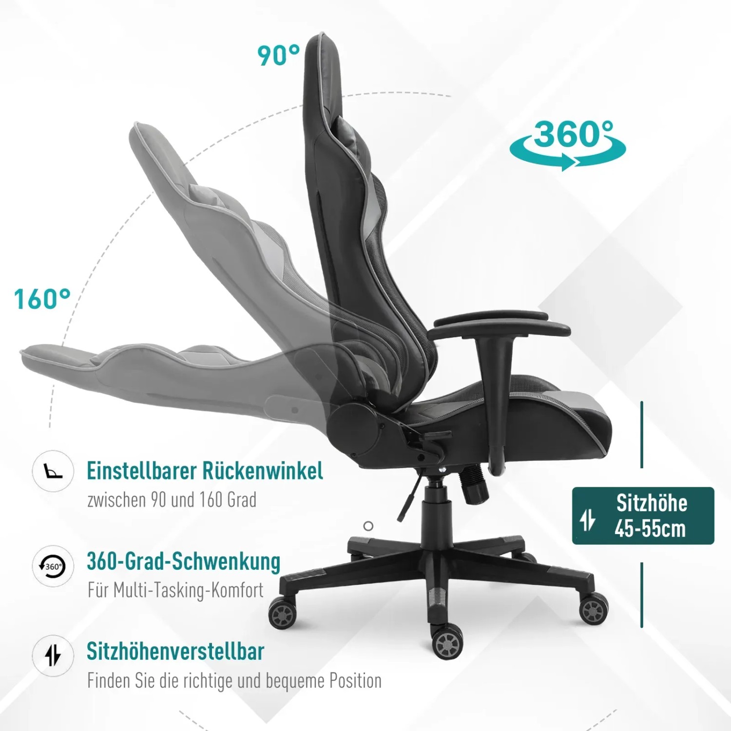 Vinsetto Bürostuhl, verstellbare Rückenlehne und Sitzhöhe, 360° drehbar.