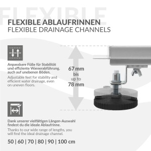 Detailaufnahme: LuxeBath Duschrinne, 70cm, silber, mit verstellbaren Füßen für barrierefreies Bad.