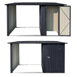 Albatros Gerätehaus M mit Holzunterstand, anthrazitfarben, aus verzinktem Metall.