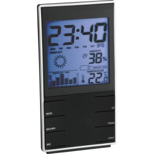 Schwarze TFA Elektronische Wetterstation mit Display für Temperatur, Luftfeuchtigkeit und Wettervorhersage.