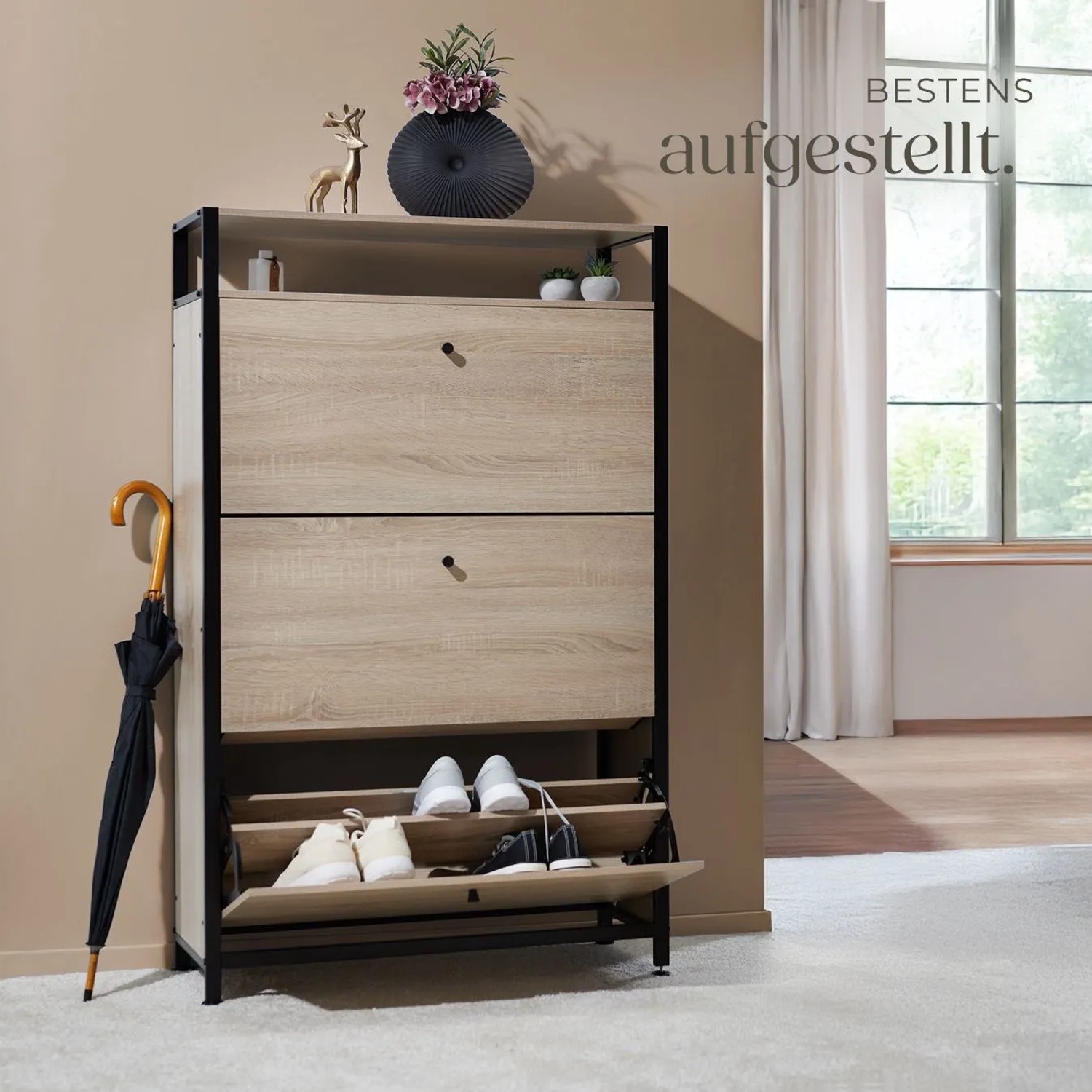 Tectake Schuhschrank im Industrial Style mit Kippfächern und Ablagen in Holz und Stahl.