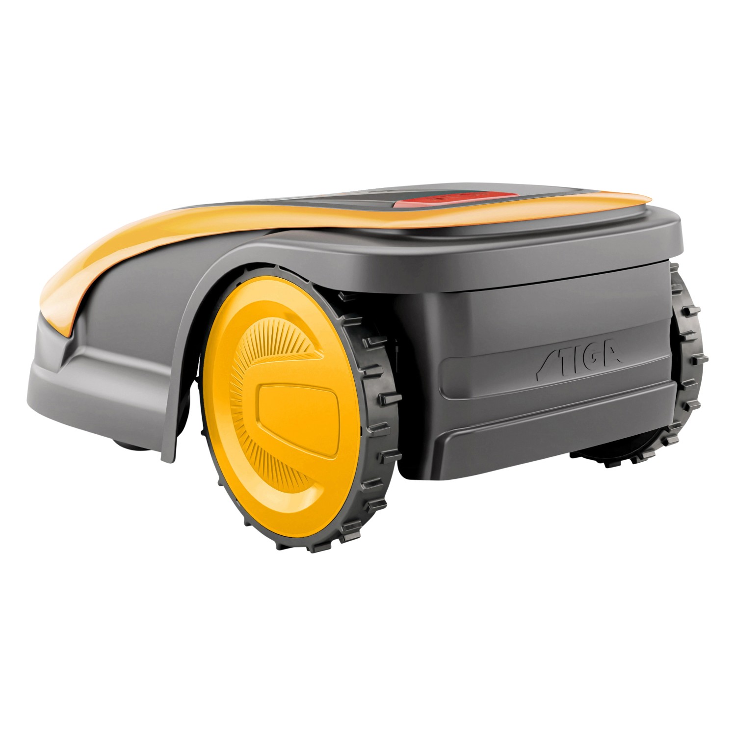 Stiga Mähroboter G 300: Kompakter Rasenroboter in Grau/Gelb mit Rädern. Ideal für kleine Gärten.