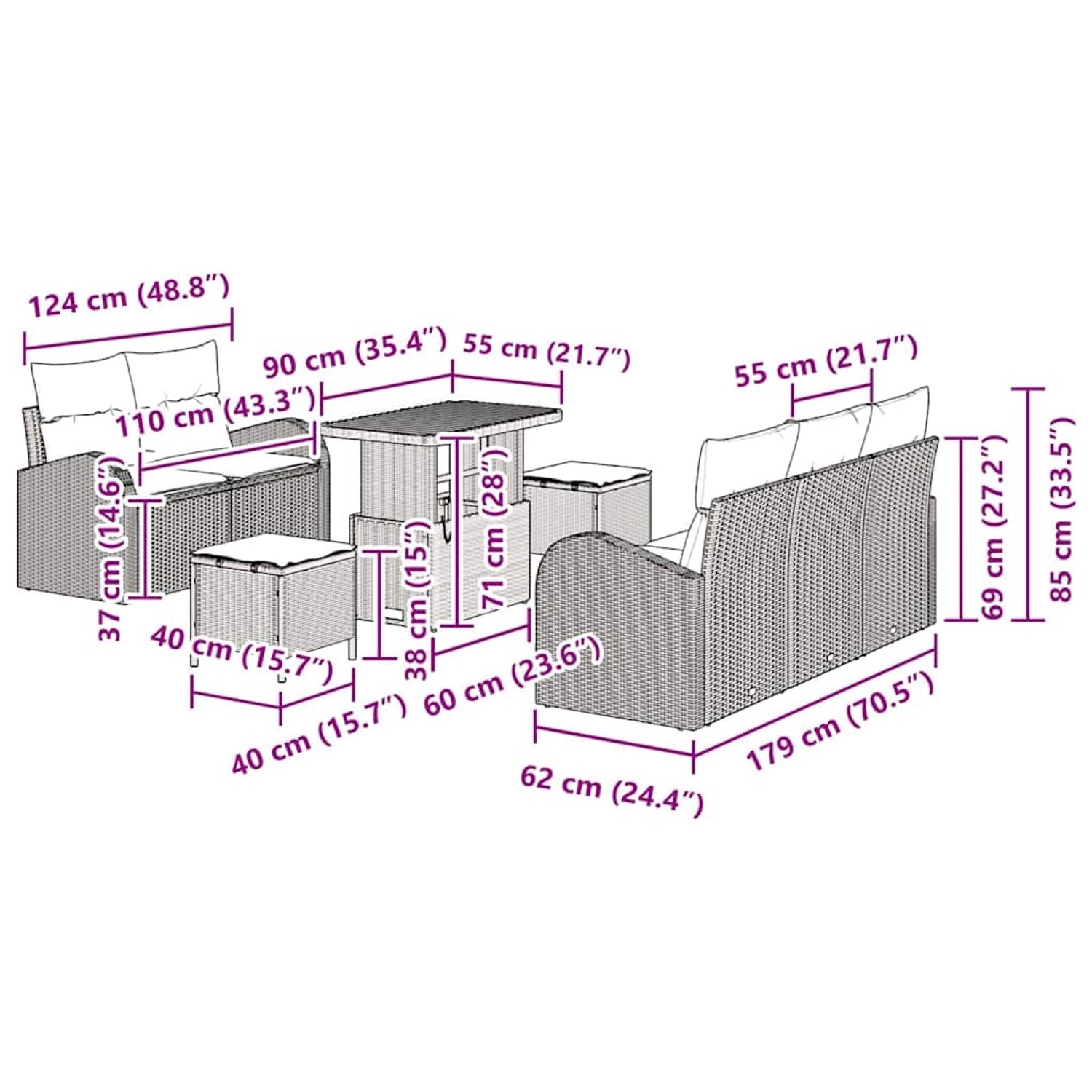 Beiges 8-tlg. Garten-Sofa-Set aus Polyrattan von vidaXL mit Tisch und Hockern für Terrasse und Garten.