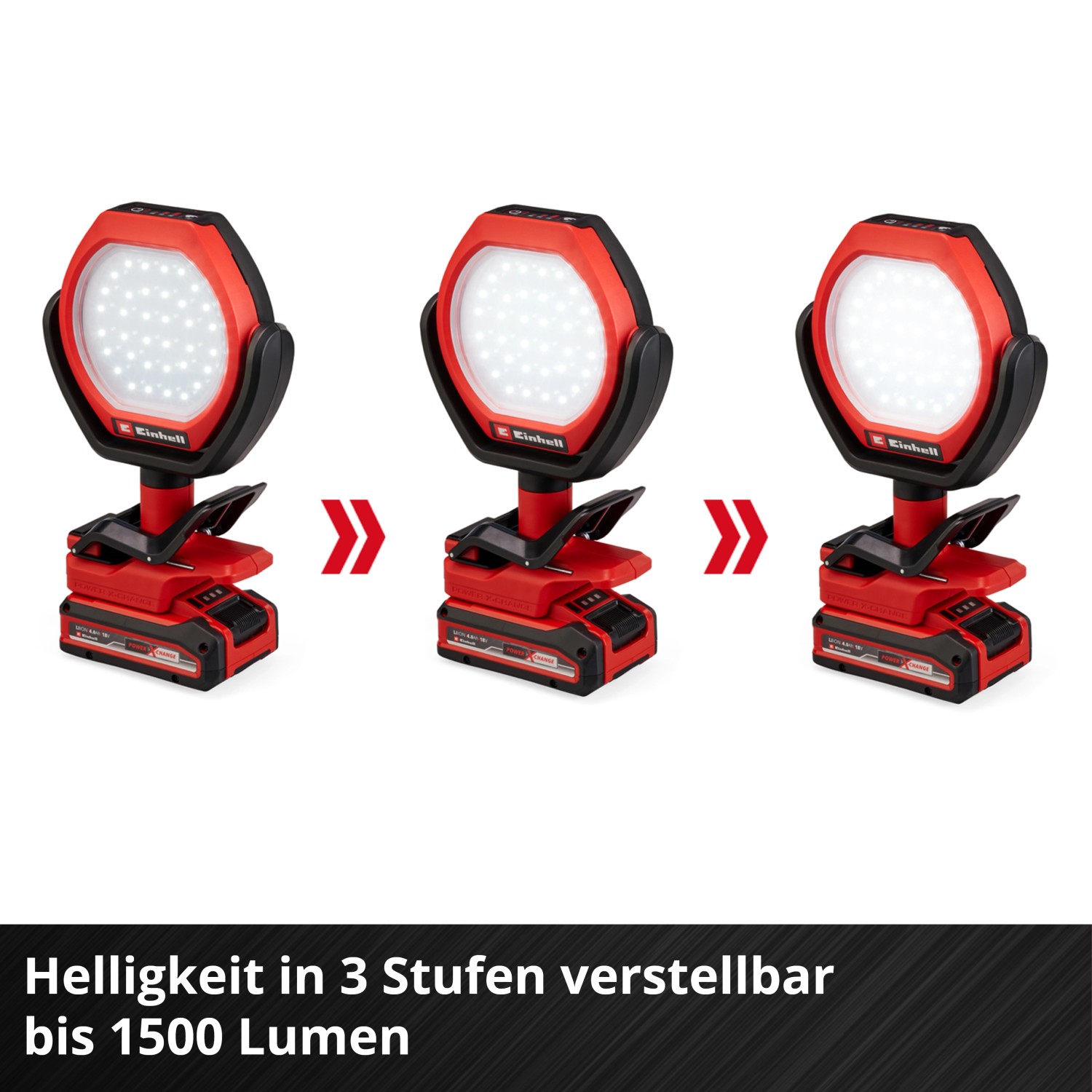 Einhell Akku-Outdoor-Lampe GC-OL 18/1500 Li-Solo, rote Akku-Lampe mit LED-Leuchtkopf, 3 Helligkeitsstufen.