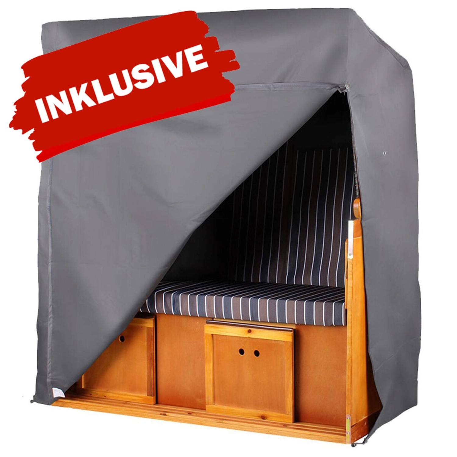 Strandkorb Königssee 3-Sitzer Teak mit Schutzhülle. Komplettset mit Bullauge und Doppelrollen.