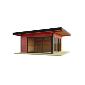 Lasita Maja Ferienhaus Domeo 9 in Schwedenrot, 450x450 cm, mit großen Glasfronten.