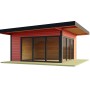 Lasita Maja Ferienhaus Domeo 9 in Schwedenrot, 450x450 cm, mit großen Glasfronten.
