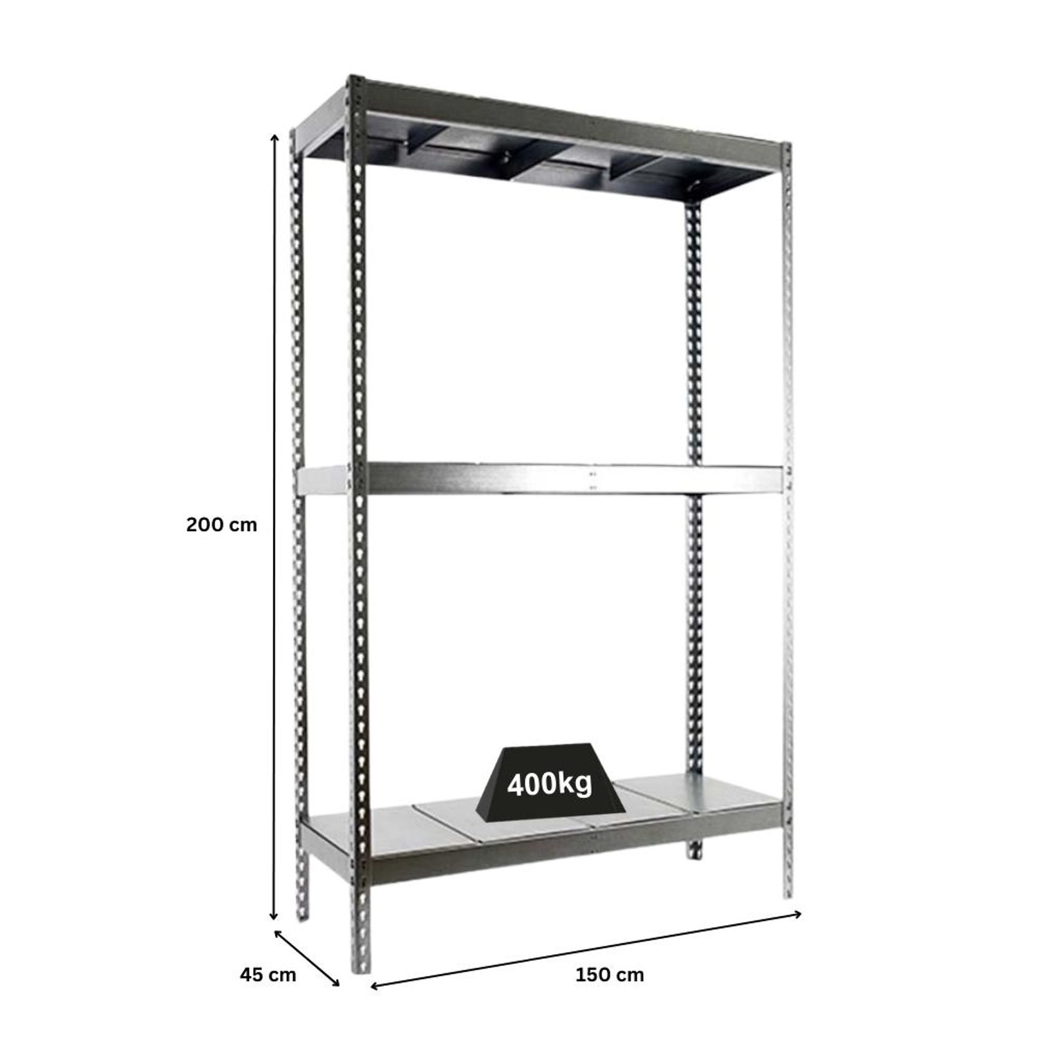 Verzinktes PROREGAL Schwerlastregal Big Metal Yeti mit 3 Böden, 200x150x45 cm, Fachlast 400 kg.