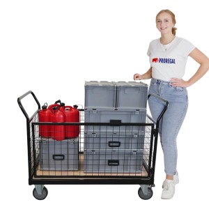 Schwarzer PROREGAL Transportwagen mit Gitterwänden, beladen mit Kanistern und Boxen. Traglast 400kg.