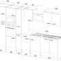 Skizze der Respekta Küchenzeile 360 cm in Schwarz Seidenglanz und Eiche York Optik.