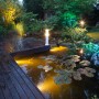 Beleuchteter Gartenteich mit Heissner SMART LIGHT LED-Spots in Multicolor. Teichbeleuchtung mit variablen Montagemöglichkeiten.