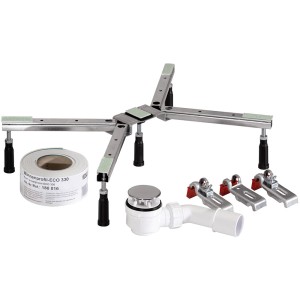 Universal-Duschwannen-Set: Duschwannenfuß, Ablaufgarnitur, Befestigungsklammern und Schalldämmband.