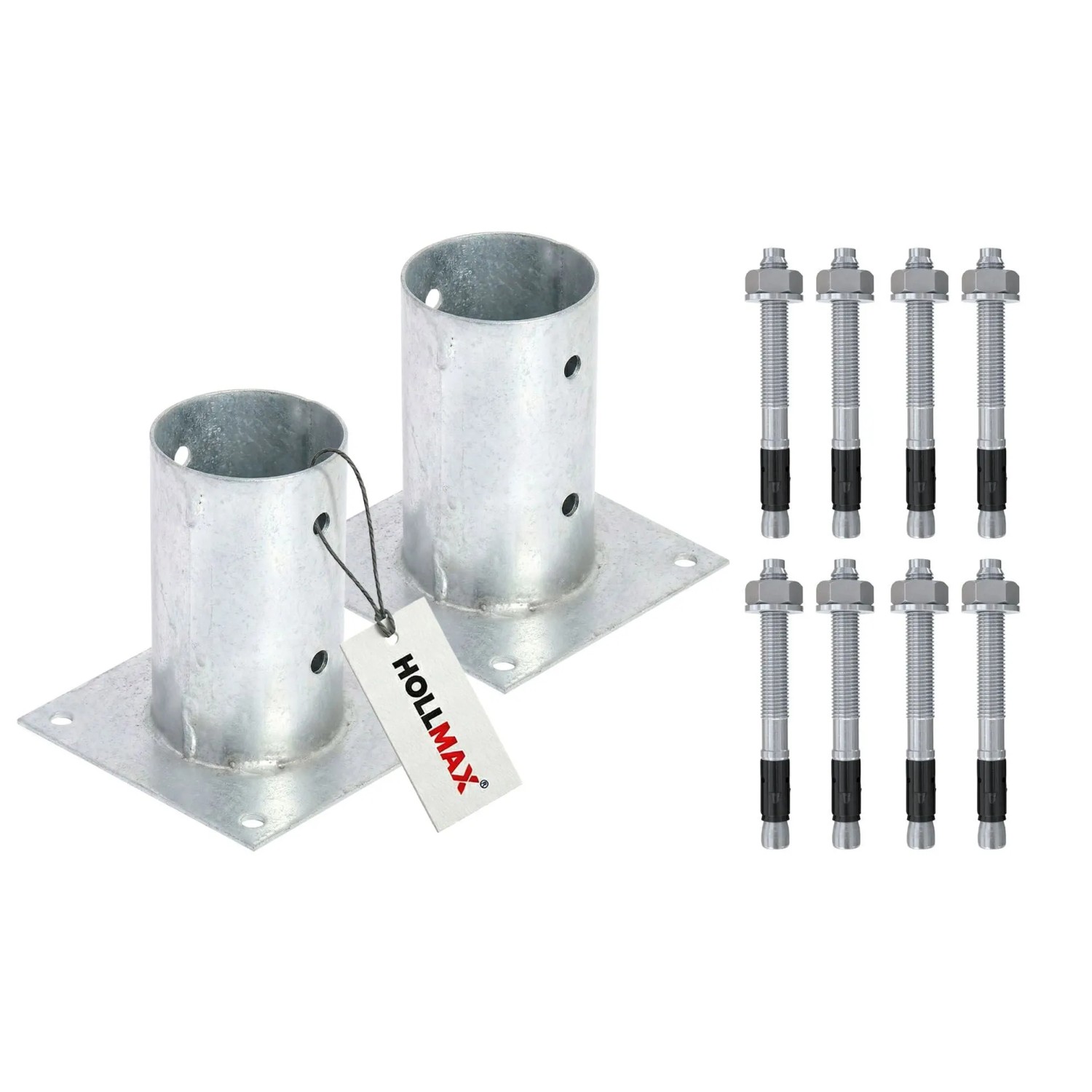 HOLLMAX 2 Stk. Aufschraubhülse/Pfostenträger 80 mm inkl. Schwerlastanker 10 x 100 mm Verzinkt Silber für Rundholzpfosten