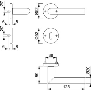 Technische Zeichnung: Hoppe Rosetten-Garnitur Amsterdam, Türbeschlag aus Edelstahl, Kupferfarben satiniert, Maße