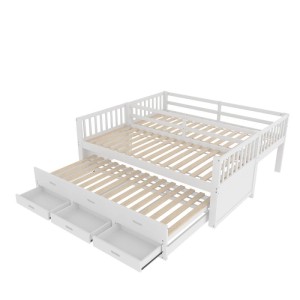 Weißes Etagenbett 90x200cm aus Kiefernholz/MDF mit ausziehbarem Kinderbett und 3 Schubladen.