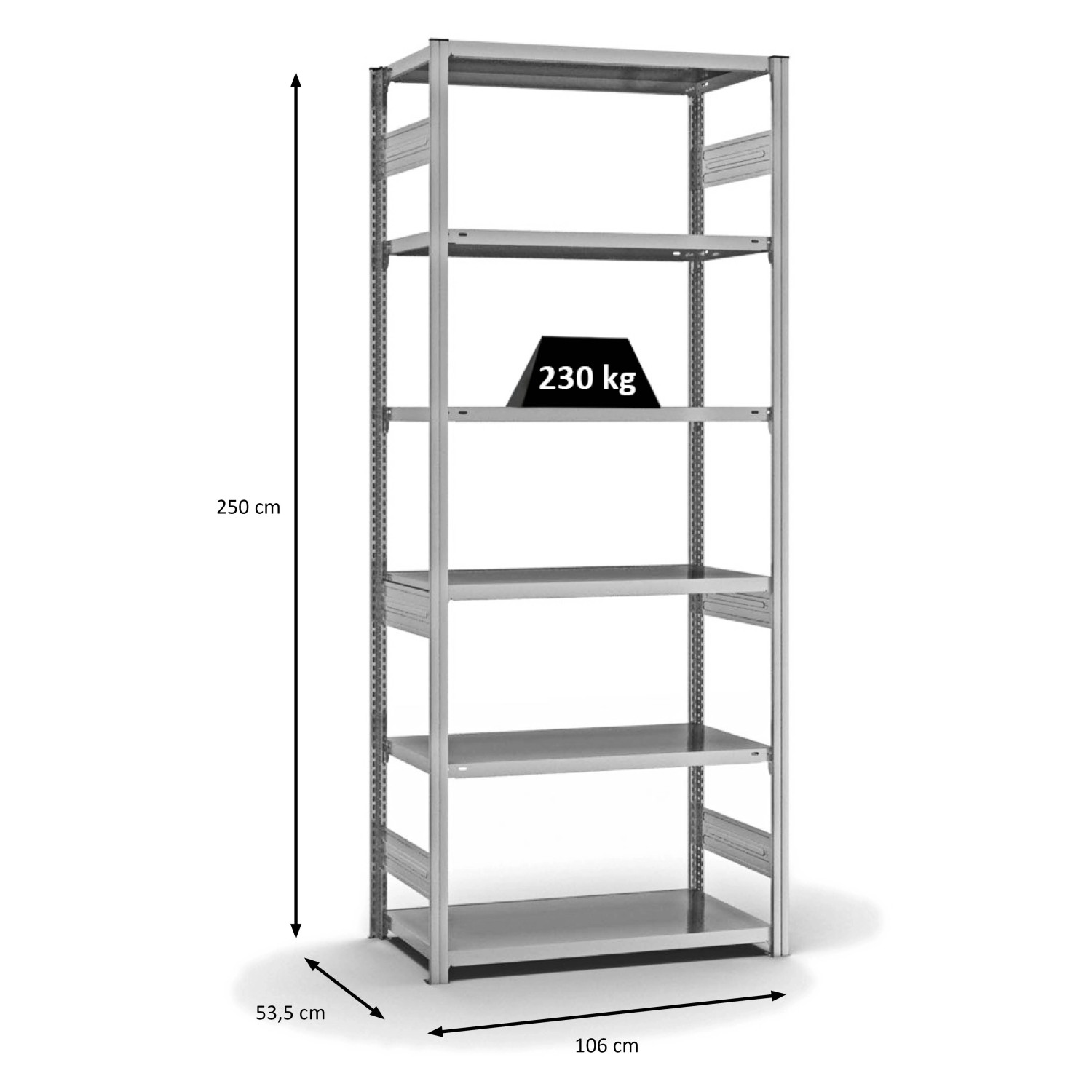 Verzinktes PROREGAL Fachbodenregal, Stecksystem, 6 Ebenen, 250x100x50 cm, Fachlast 230 kg.