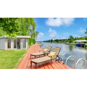 Palmako Gartenhaus Bret, hellgrau-anthrazit, mit Doppeltür und Isoverglasung auf Holzsteg am See.