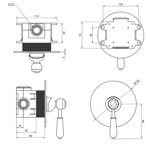 Technische Zeichnung des PaulGurkes Duschsystem Unterputz in Messing Bronze Antik Optik mit Maßen.
