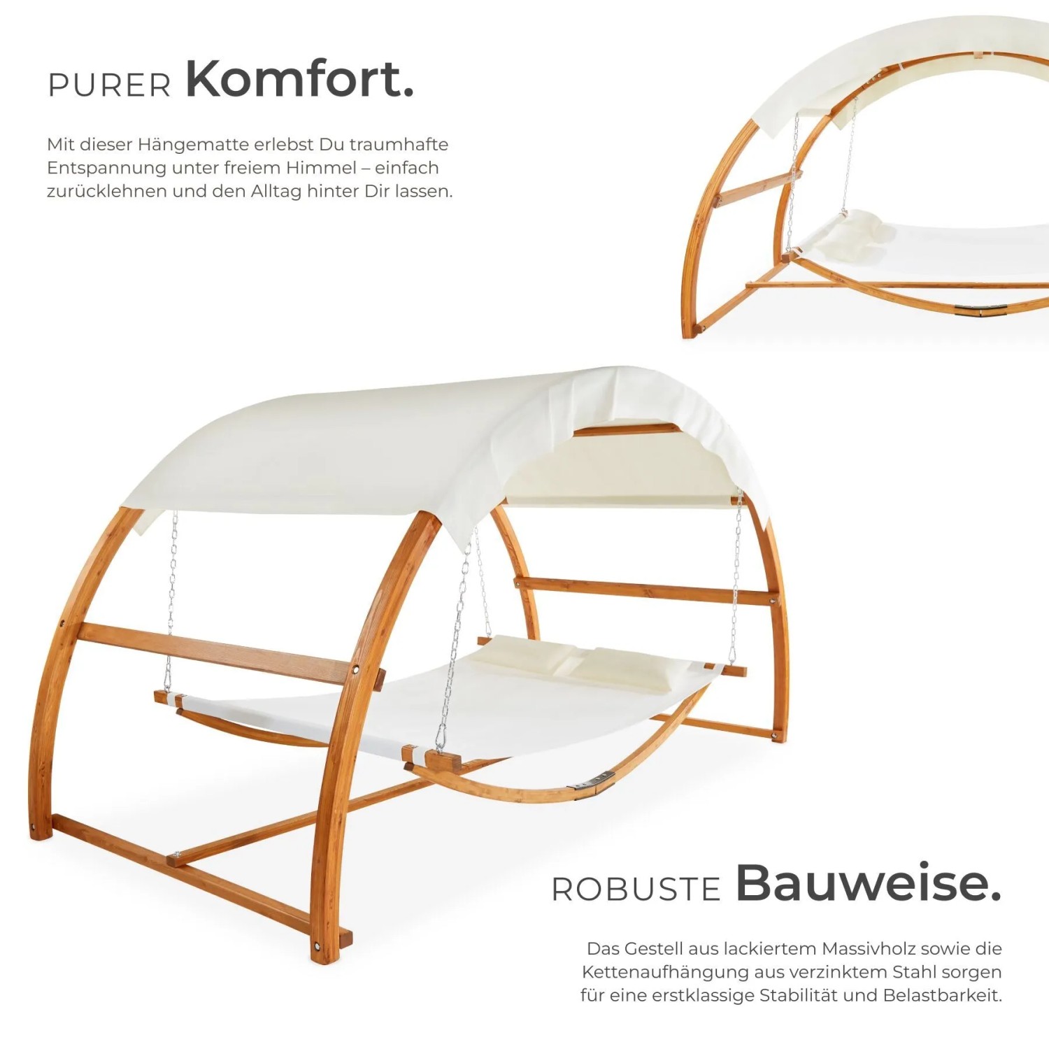 Tectake Hängematte Locarno Mit Holzgestell  Für 2 Personen Großes Sonnendach  Inkl  2 Kissen  328 x 160 x 171 50 cm Teak_2