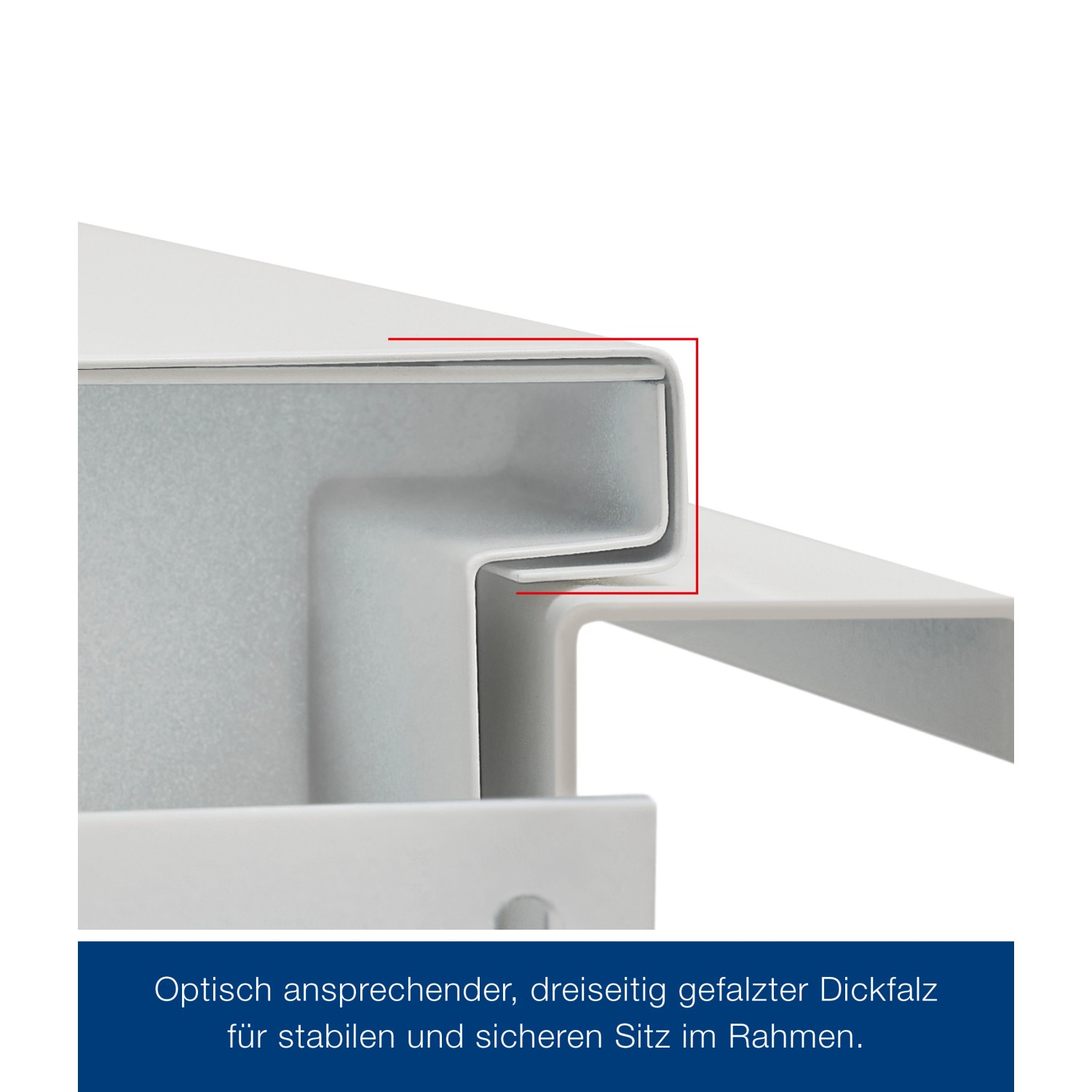 Detailaufnahme: Weiße ZK-Tür Eckzarge, dreiseitig gefälzt, für Stahltür-Element, 875x1875x55 mm.