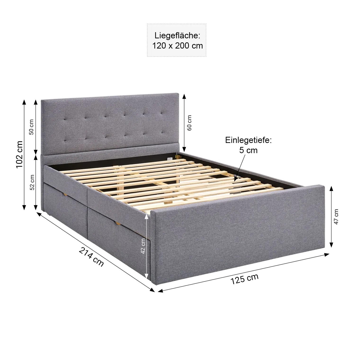 Graues Homestyle4u Polsterbett 120x200 mit Schubkästen und Lattenrost.