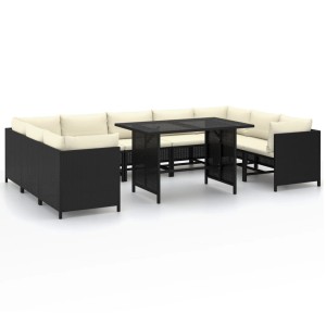 Schwarzes 10-tlg. Garten-Lounge-Set aus Rattan mit cremefarbenen Kissen und Tisch.