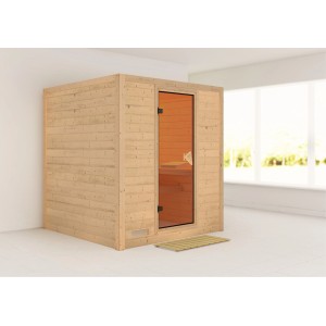 Karibu Sauna Marika Natur aus Fichte mit Bronzeglastür. Massivholzsauna für den Innenbereich.