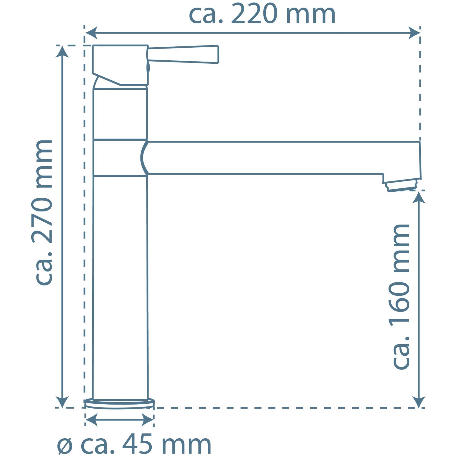 Technische Zeichnung der Schütte Massive Spültischarmatur aus Edelstahl mit Maßangaben.