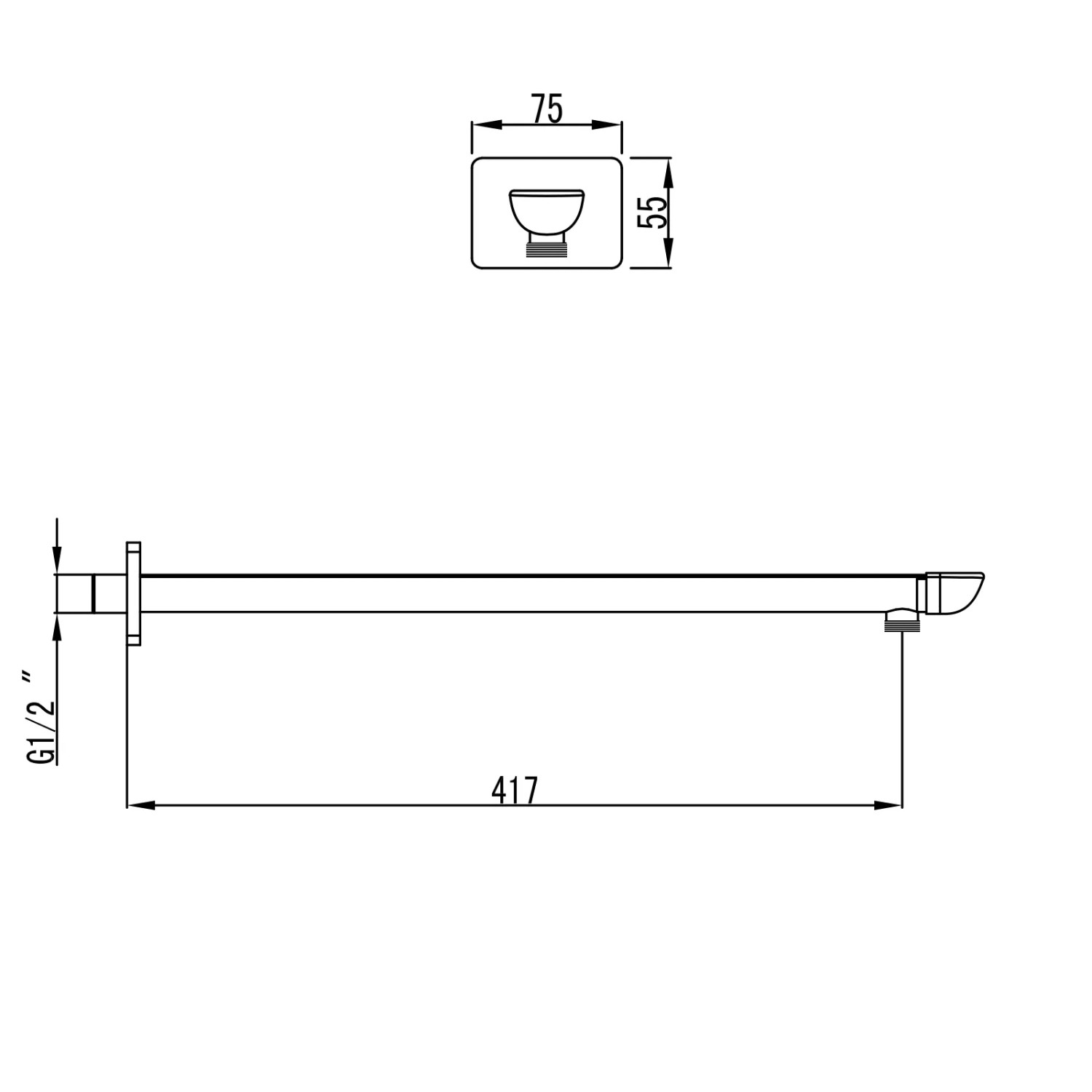 Technische Zeichnung: PaulGurkes Zulaufarm für Regendusche, Maße und Details.