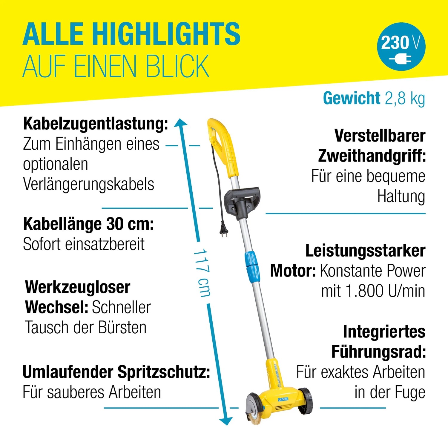Gloria WeedBrush Elektro-Fugenbürste: Unkrautentfernung mit Drahtbürste und Führungsrad für Gartenwege.