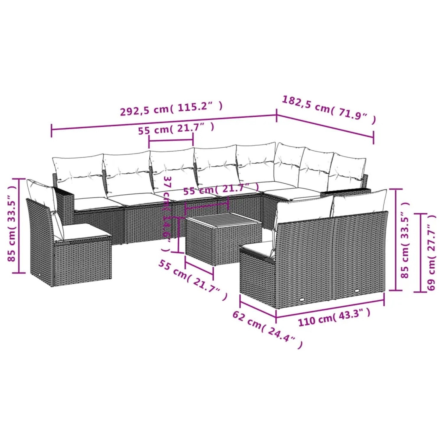 Beige 11-teilige Garten-Sofagarnitur aus Polyrattan mit Kissen und Tisch, Maße eingezeichnet.