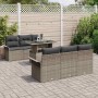 Graues 7-teiliges vidaXL Garten-Sofa-Set aus Poly Rattan mit Tisch und Kissen.