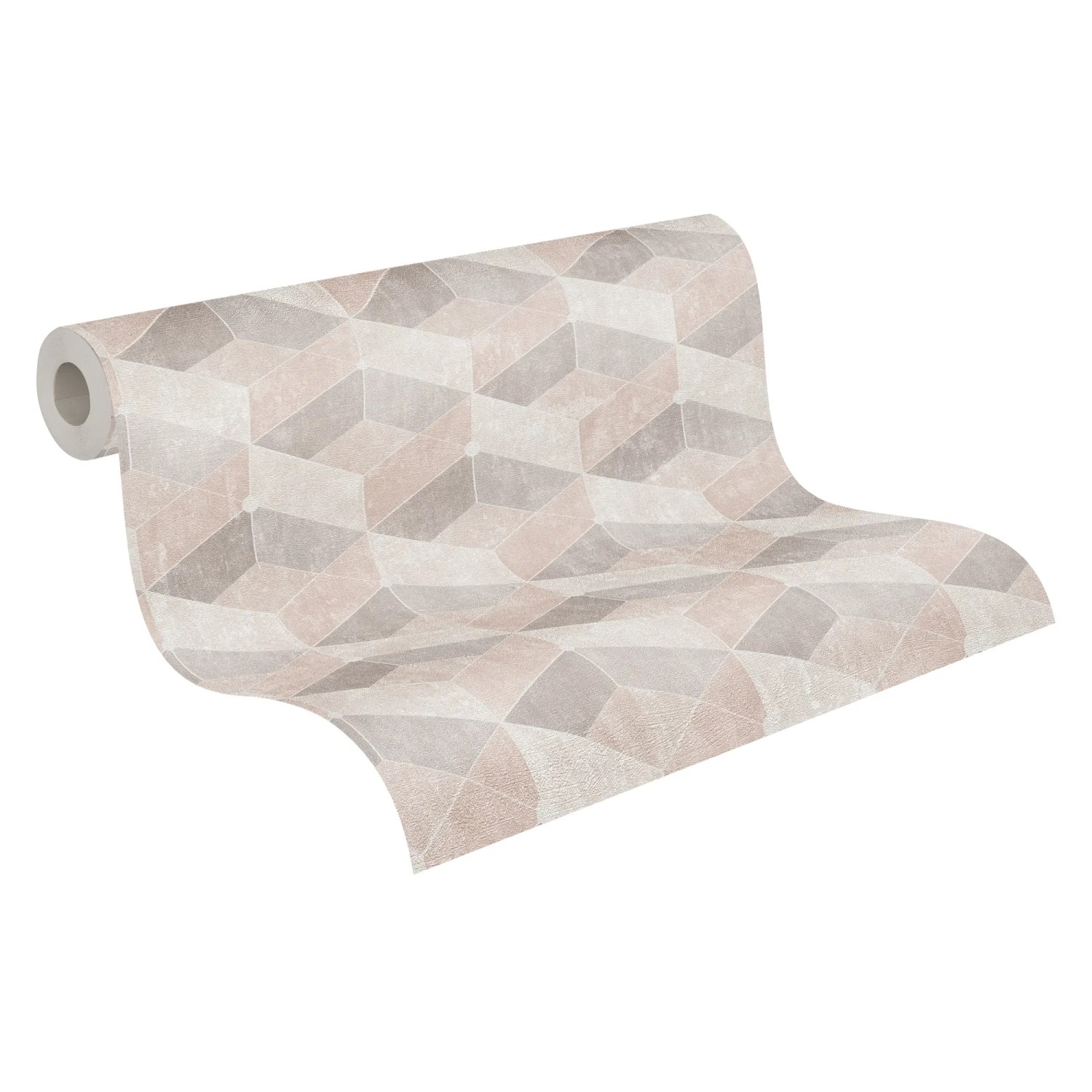 Vliestapete mit 3D-Effekt, geometrischem Muster, Glitzer und leichter Struktur in Beige und Creme.