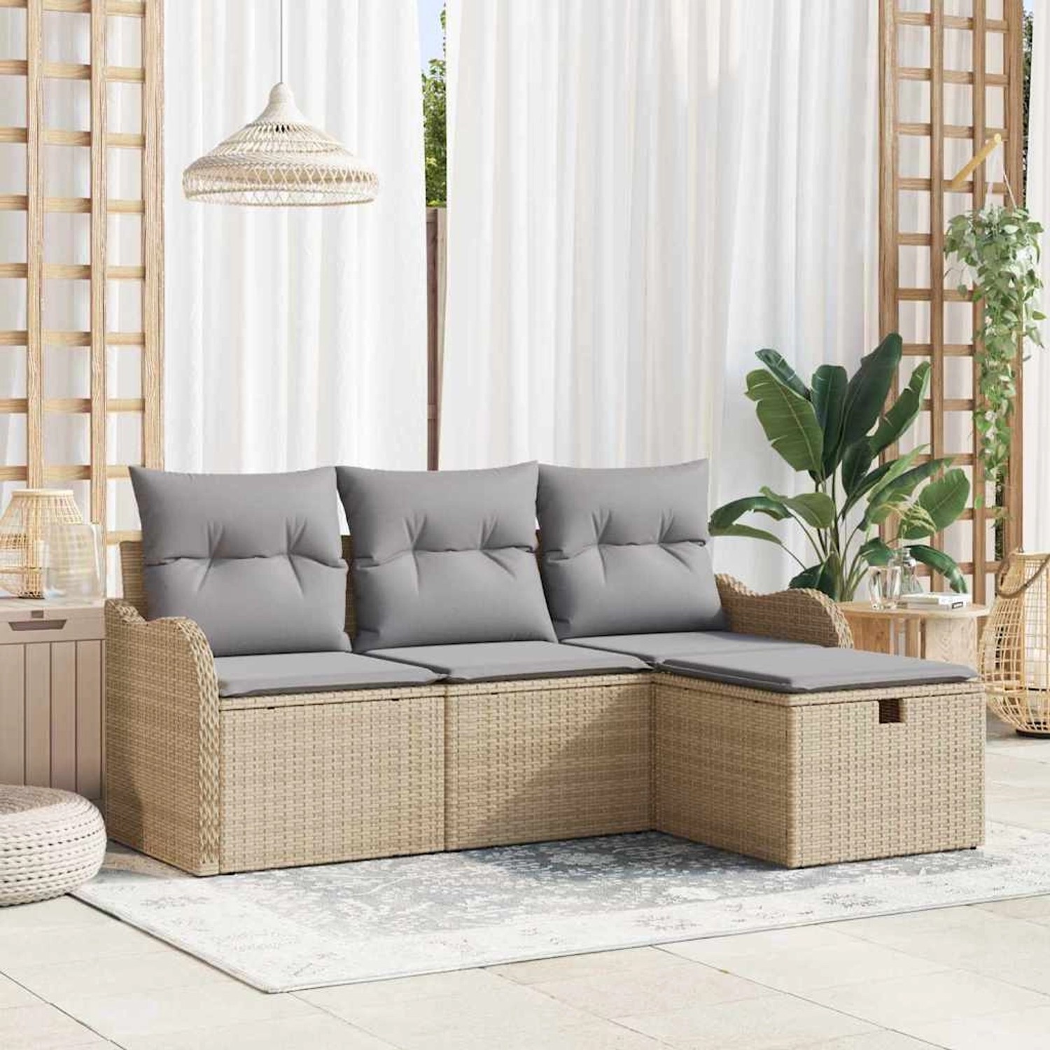 Beiges 4-tlg. vidaXL Garten-Sofa-Set aus Poly Rattan mit Kissen und Stauraum.