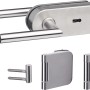 Beschlag-Set Rund für Glastüren, Buntbart, Edelstahl gebürstet, bestehend aus Schlosskasten, Drückerpaar und Bändern.