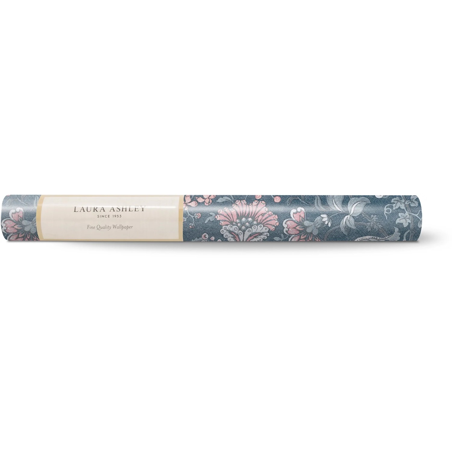 Laura Ashley Vliestapete Portia Dark Seaspray, Rolle mit floralem Muster in Blau und Rosa.