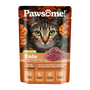 Pawsome Katzen-Nassfutter Adult Ente, 85g Beutel mit saftigen Fleischstückchen in Sauce.