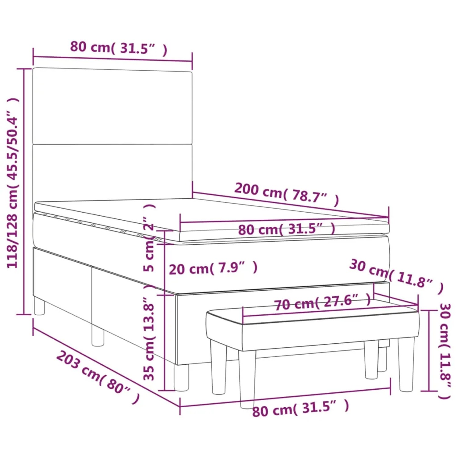 vidaXL Boxspringbett hellgrau (80x200 cm) mit Matratze und Bank, Maße eingezeichnet.