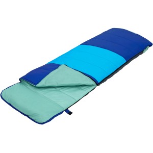 Blau-türkiser Schlafsack Wanderlite mit integrierter Isomatte, offen.