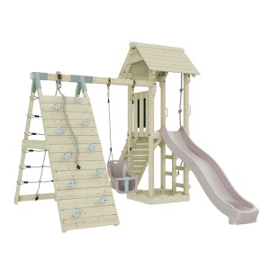 OutdoorToys Spielturm Trondheim mit Babyschaukel in Altrosa, Kletterwand, Rutsche und Turm.