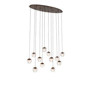 QAZQA Design Pendelleuchte Inge: 12 klare Glassphären mit Bläschen, hängend an dunkelbronzenem Baldachin. Elegante Hängeleuchte.