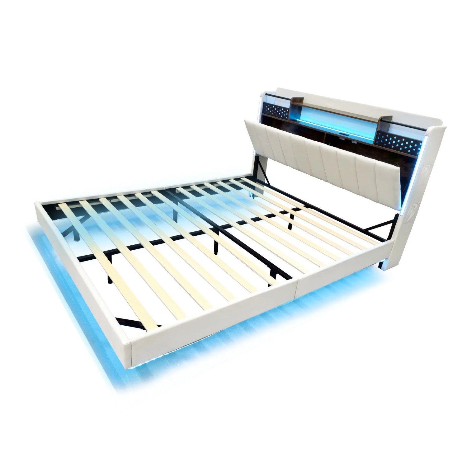 Merax Polsterbett 140x200cm LED USB Schwebebett Leinen Beige
