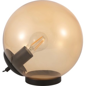 Bernsteinfarbene Design-Tischleuchte mit E27 Fassung und schwarzem Metallfuß, 25,5 cm hoch.