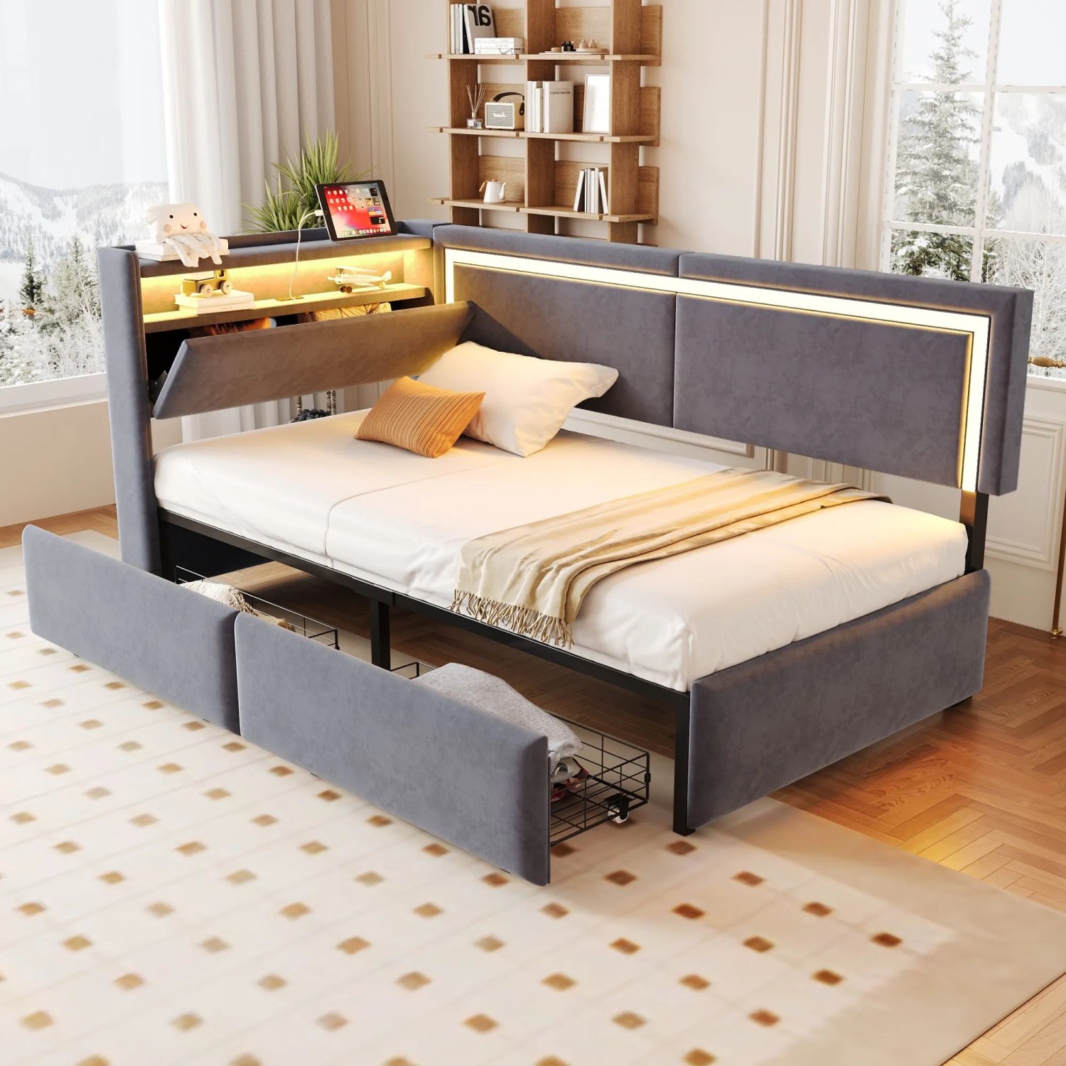 Merax Schlafsofa 90x200cm LED USB Stauraum Samt Dunkelgrau